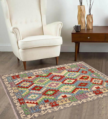 Flat Weave Kilim, Antique, Navaho, Vintage, Handmade, Geometric Kilim Blue Gray Hand-Woven Rectangle 100% Wool Area Rug 4 x 6